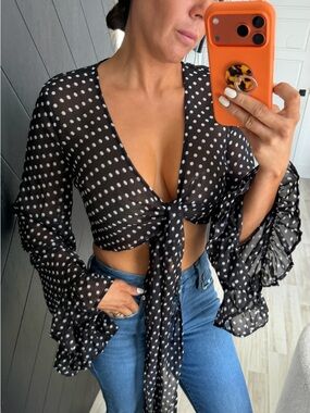 REVOLVE Black & White Polka Dot Tie-Front Sheer Crop Top